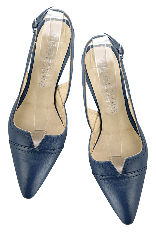 Denim blue women's slingback shoes. Tapered toe. Medium comma heels. Top view - Florence KOOIJMAN